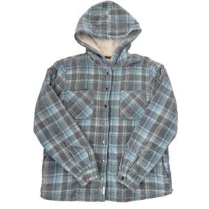 Soho Threads jacket L M corduroy Shacket hooded snap sherpa lined plaid blue